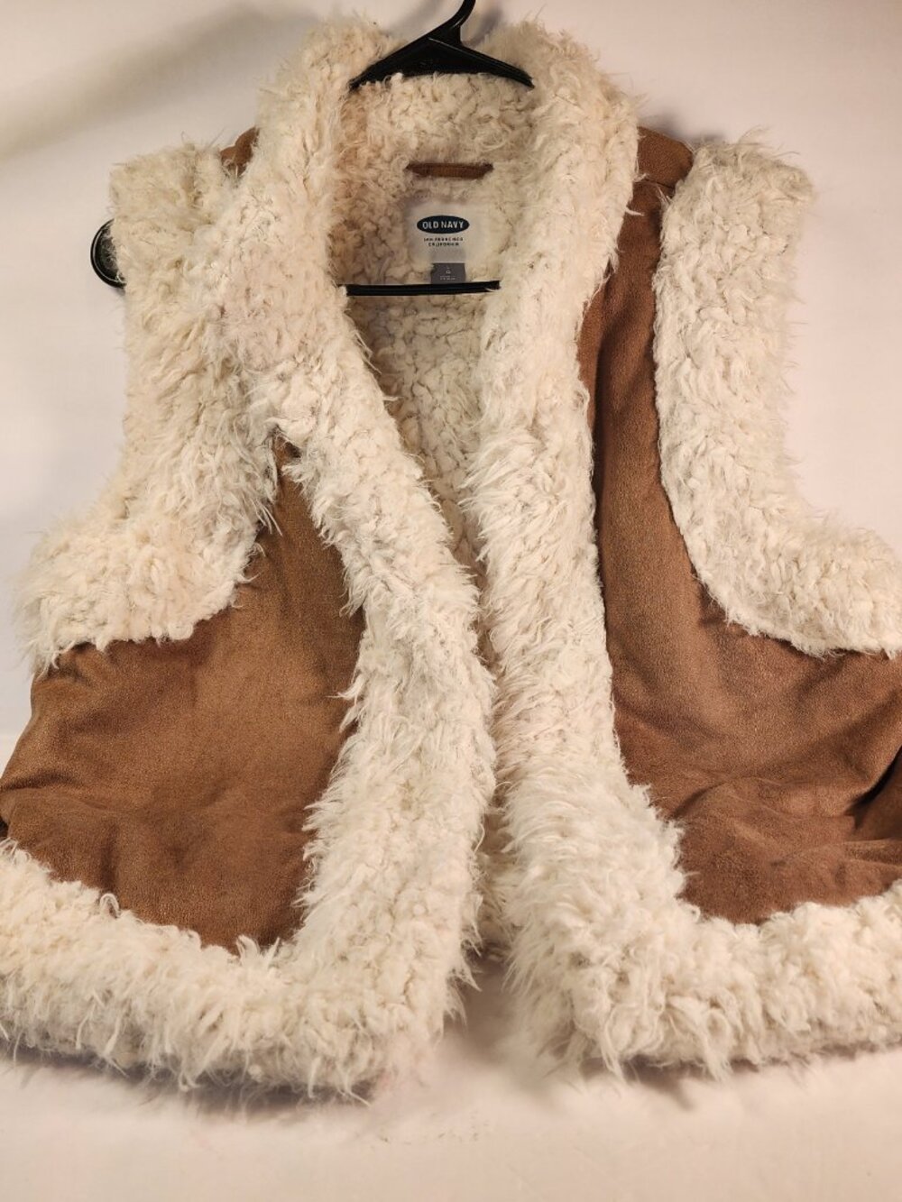 OLD NAVY Camel Brown Suede Vest With Plush Cream Faux Fur LARGE